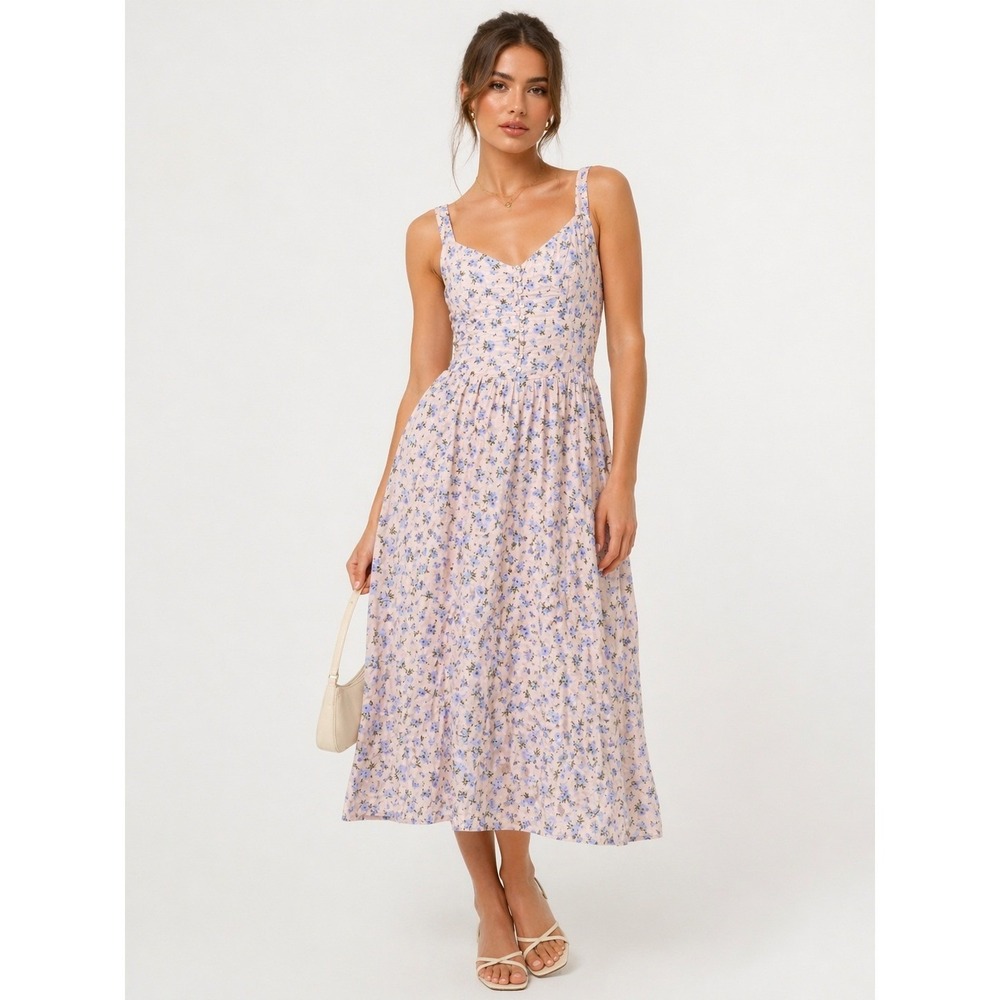 Dizzy Lizzy Pink Blue Floral Cotton Smocked Midi Dress Womens Size M Sleeveless
